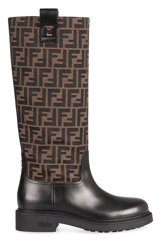 FENDI Filo Leather and FF Fabric Ankle Boots