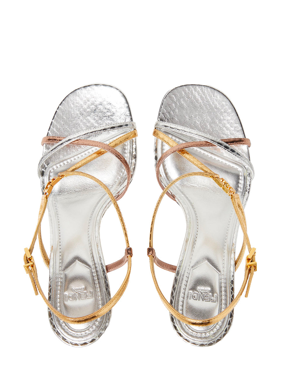 FENDI FOLD MULTICOLOUR METALLIC HIGH-HEELED SANDALS - EEL HEIGHT: 8.5 CM