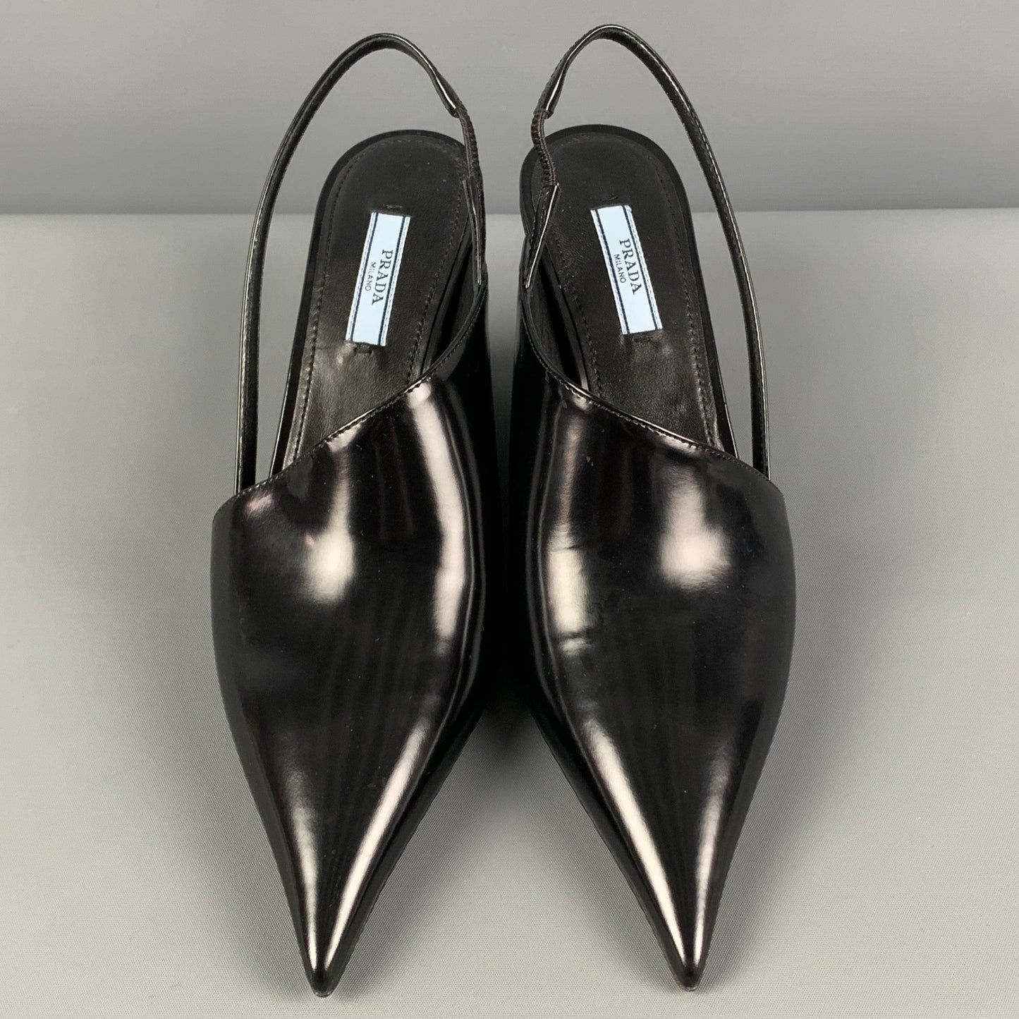 PRADA Size 7.5 Black Leather Slingback Wedge Pumps