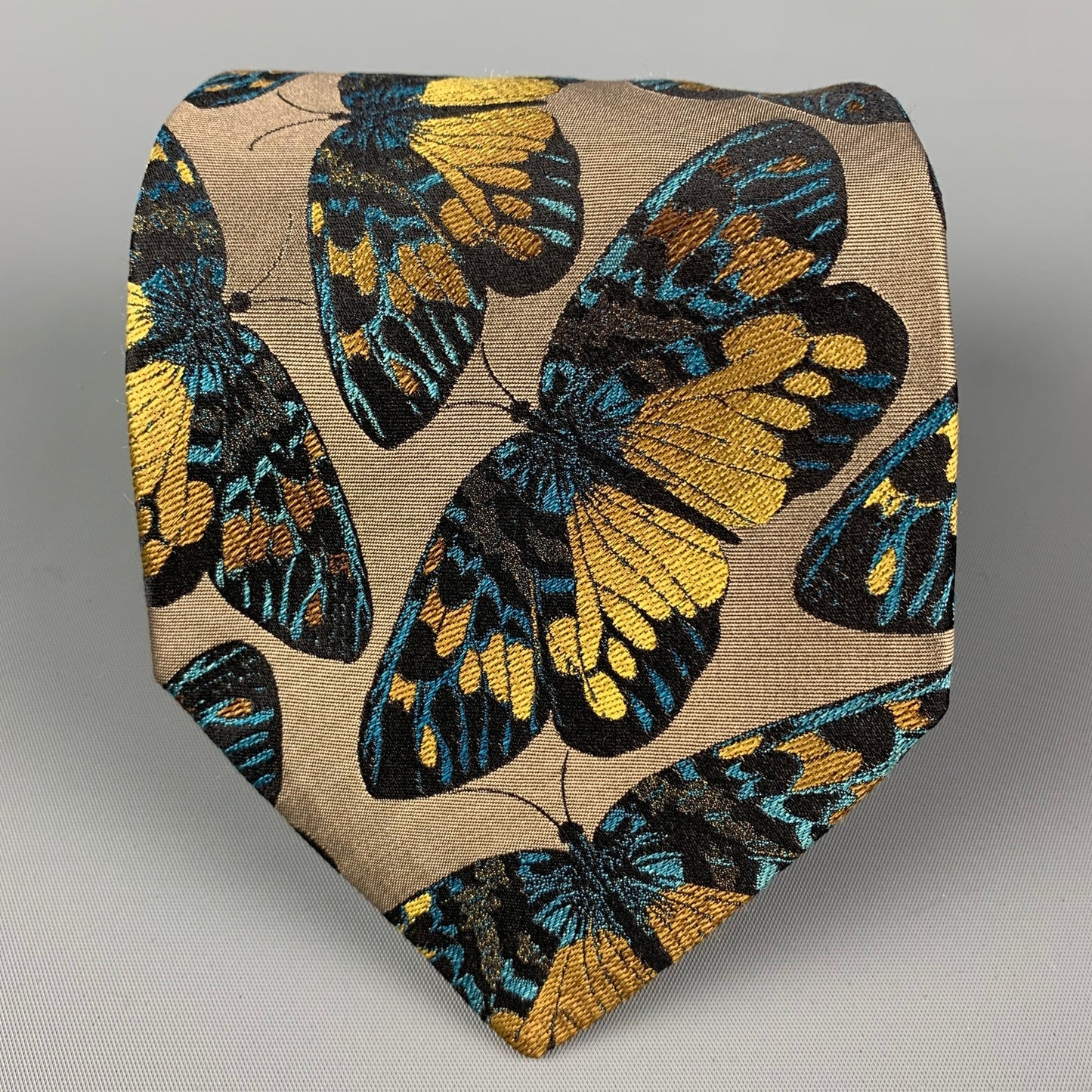 PRADA Taupe Gold Butterfly Silk Tie