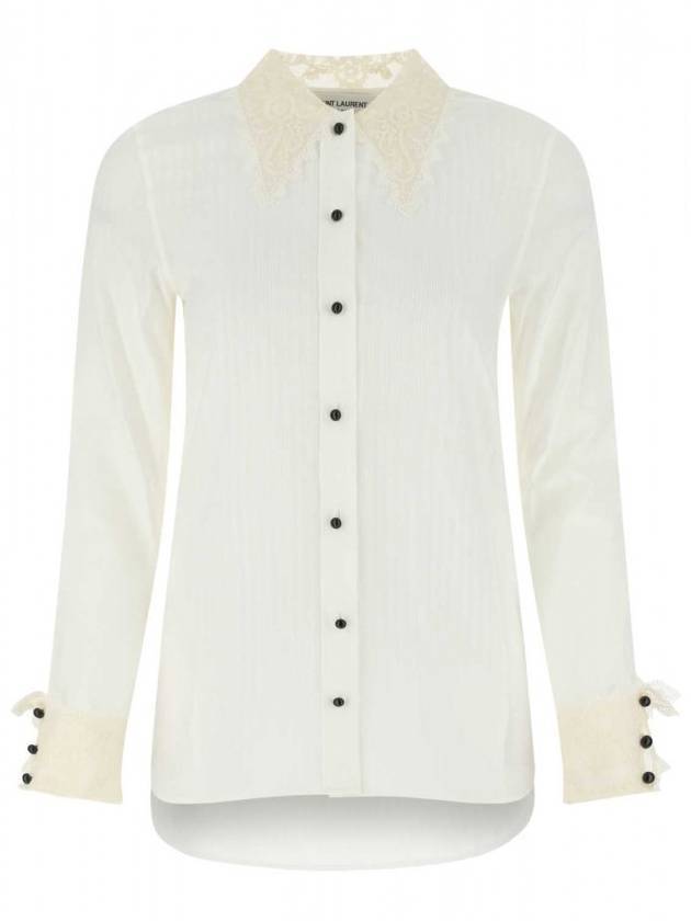 Saint Laurent Women's Lace Trimmed Long Sleeve Shirt White