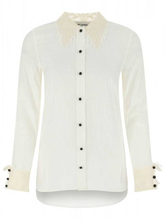 Saint Laurent Women's Lace Trimmed Long Sleeve Shirt White