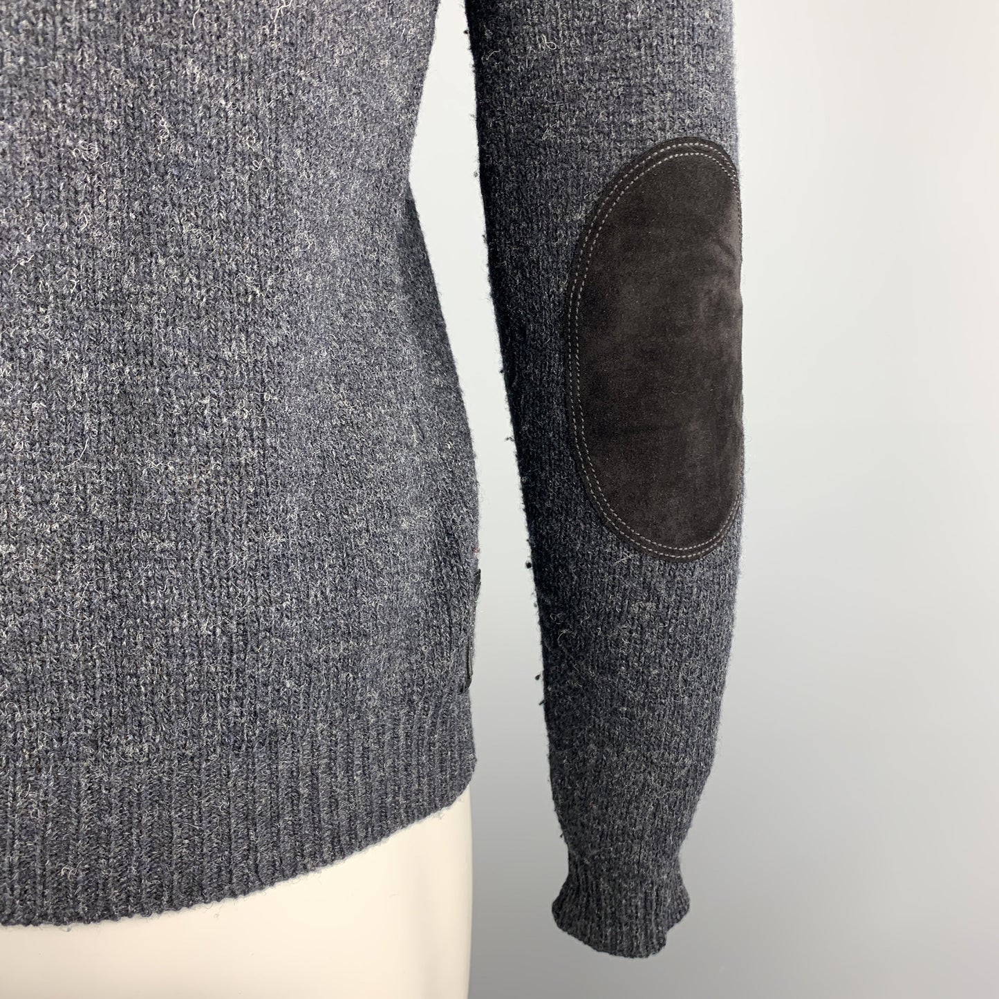 PRADA Size S Charcoal Knitted Wool Blend Crew-Neck Elbow Patches Pullover Sweater