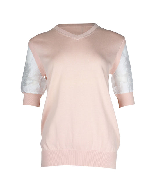 Chloe V-neck Sheer Short Sleeve Top in Pink Cotton