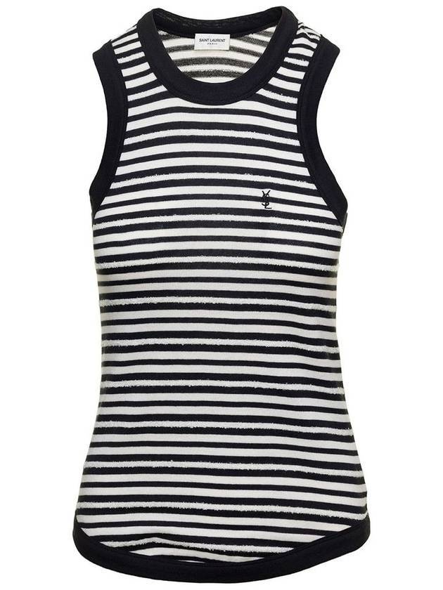Saint Laurent Embroidered Logo Striped Cotton Sleeveless White Black