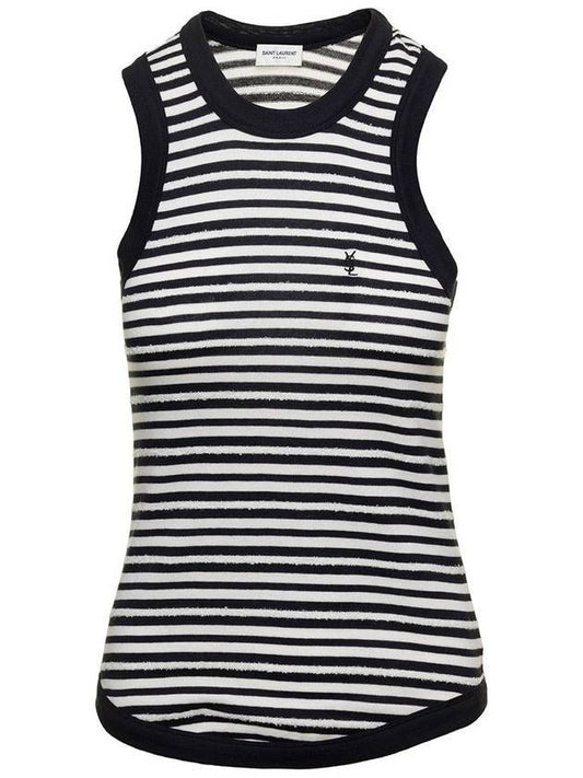 Saint Laurent Embroidered Logo Striped Cotton Sleeveless White Black