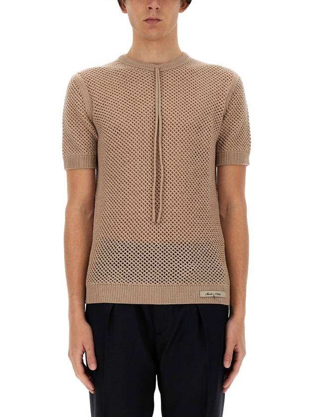 Fendi Mesh Ribbed Wool Knit Top Beige