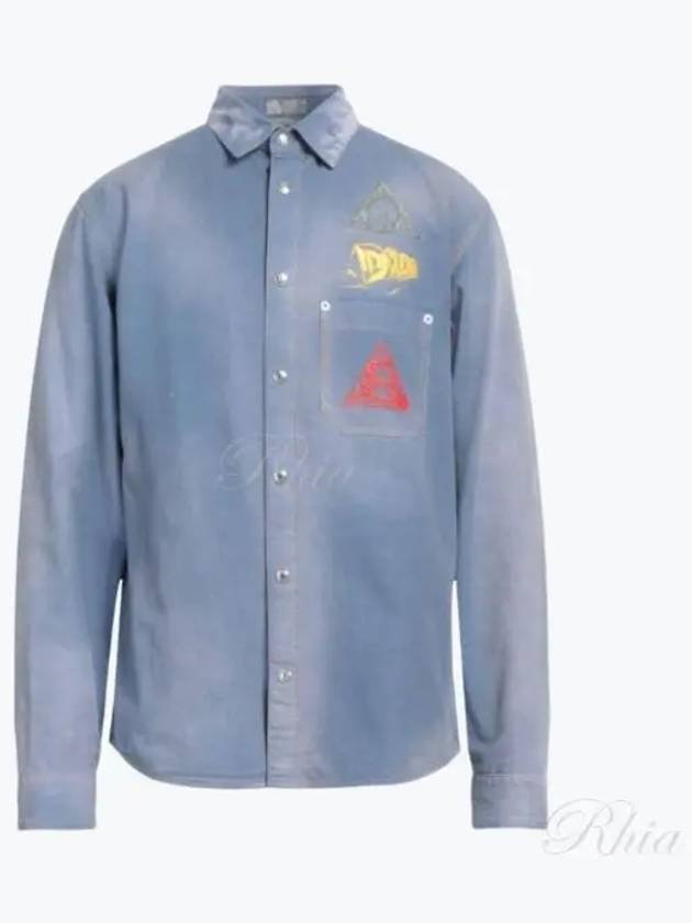 Astro Embroidered Patch Denim Long Sleeve Shirt Light Blue Dior