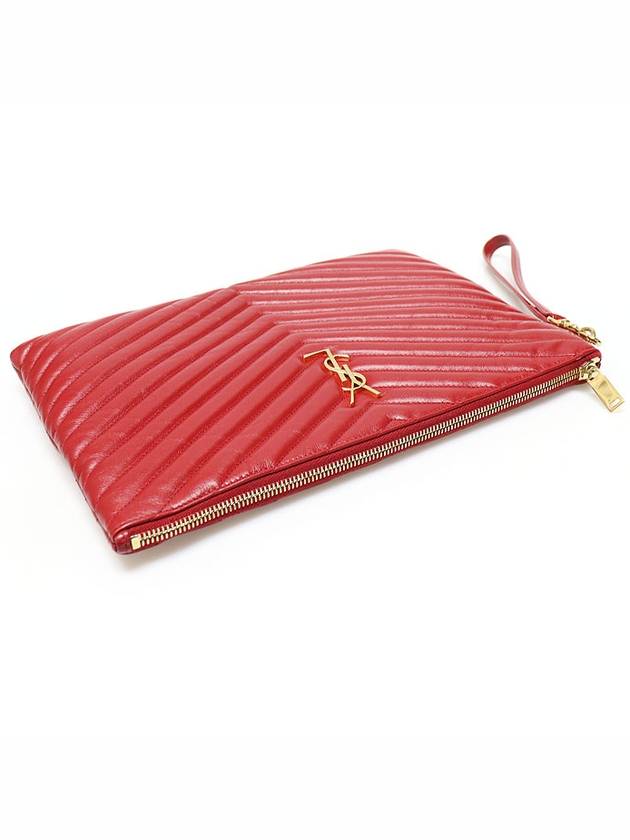 Saint Laurent 559193 Red Matelasse Quilted Calfskin Gold Monogram Tablet New Medium Pouch Clutch