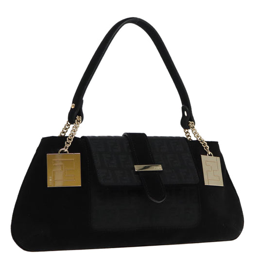 FENDI Zucchino Canvas Shoulder Bag Black Gold90485