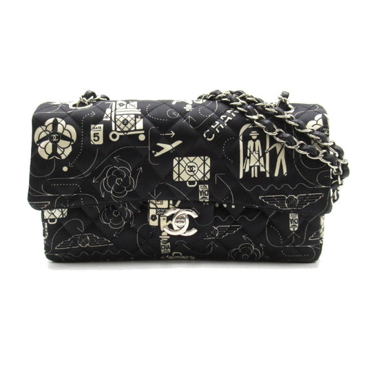 Chanel Airline W flap chain shoulder Shoulder bag Others Satin Black White Silver hardware