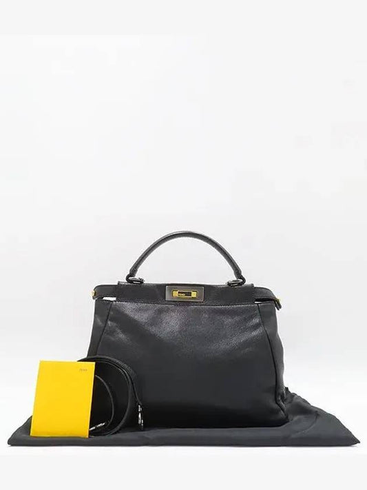 Fendi 8BN226 Black leather PEEKABOO regular gold logo tote bag shoulder strap 2WAY