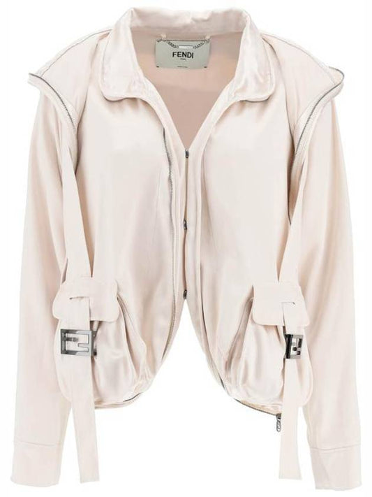 Fendi FF Baguette Pocket Satin Zip-Up Jacket Beige