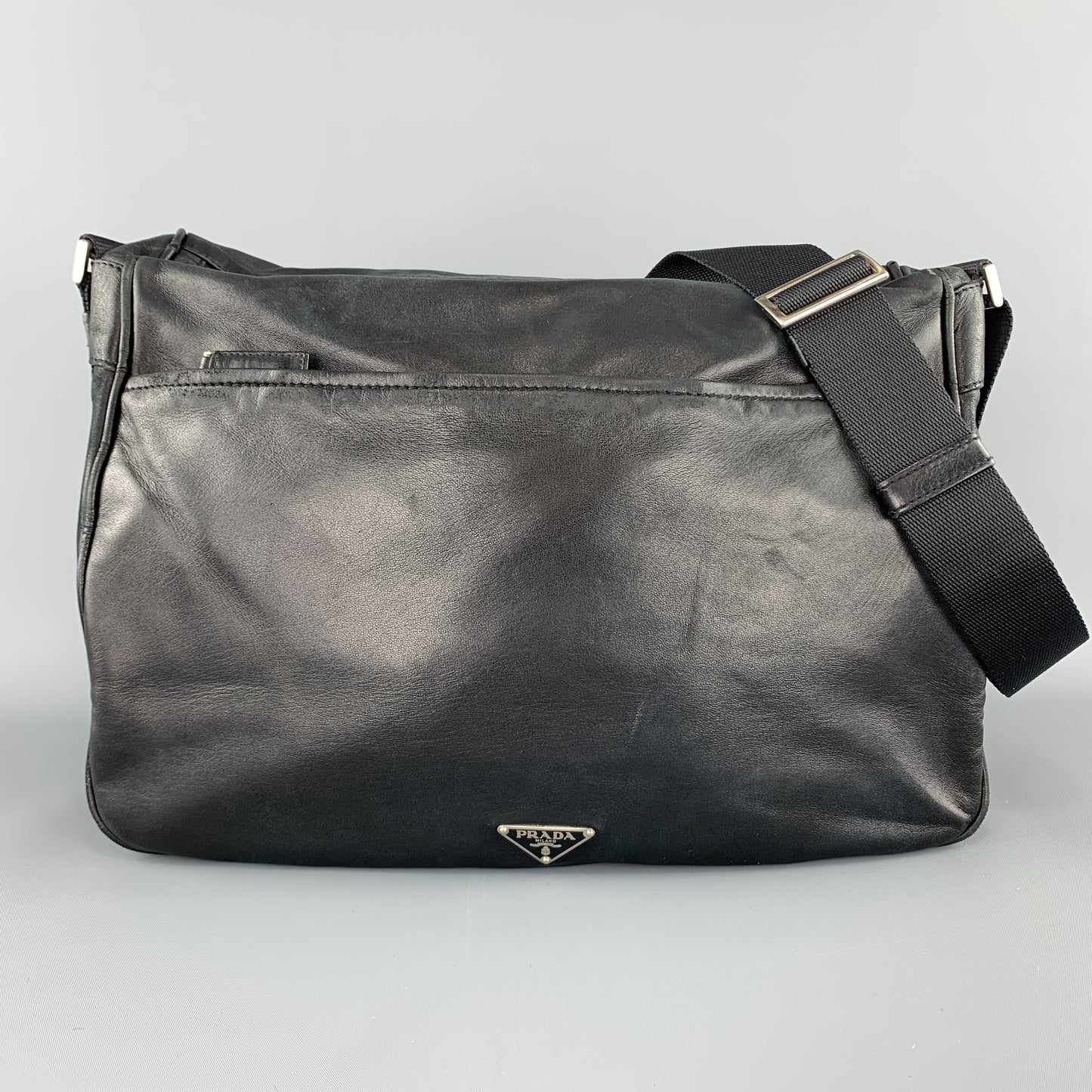 PRADA Black Leather Enamel Logo Crossbody Messenger Bag