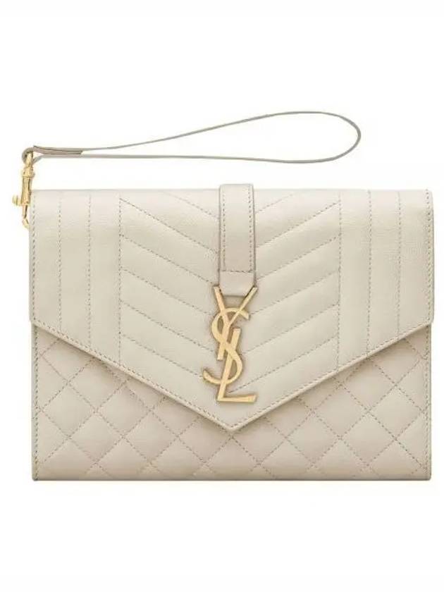 Saint Laurent Matelasse Gold Logo Strap Clutch Bag White