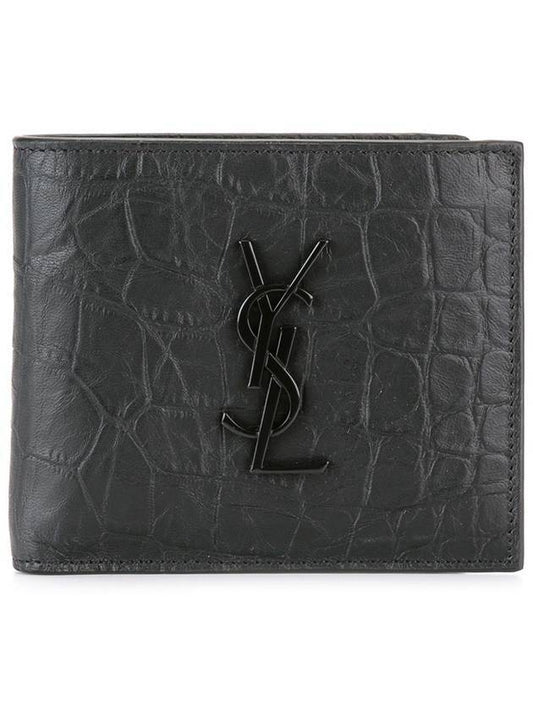 Saint Laurent Men's Monogram Crocodile Leather Half Wallet Black