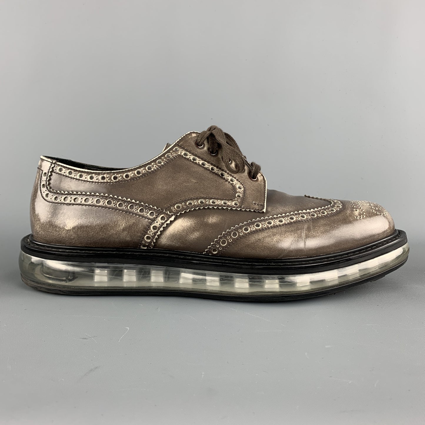 PRADA Levitate Size 10.5 EE Taupe Antique Leather Wingtip Lace Up Shoes