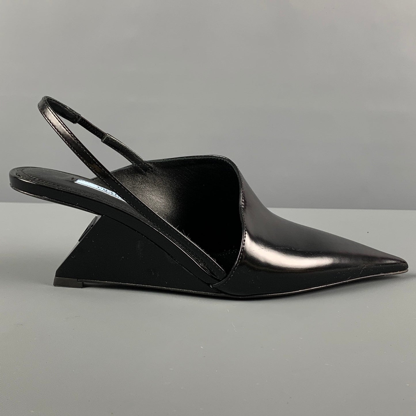 PRADA Size 7.5 Black Leather Slingback Wedge Pumps