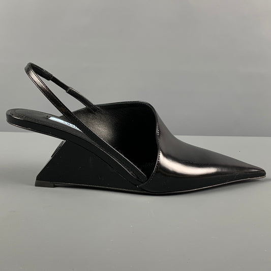 PRADA Size 7.5 Black Leather Slingback Wedge Pumps