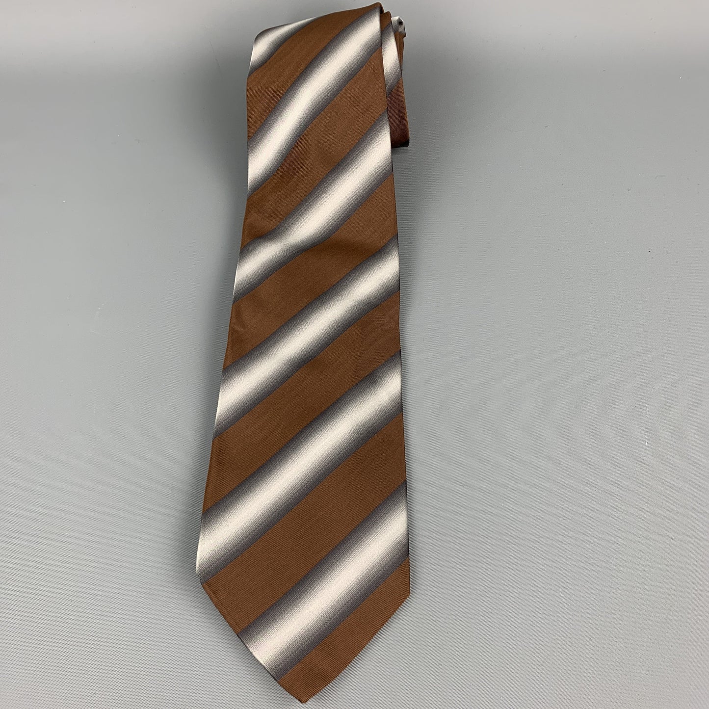 PRADA Brown & Silver Striped Silk Tie