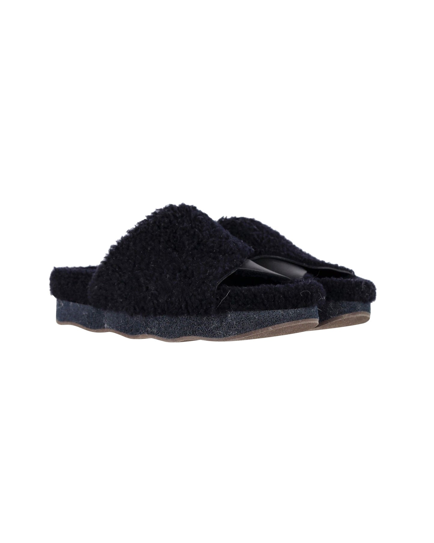 Chloe Wavy Slides in Black Shearling and Leather