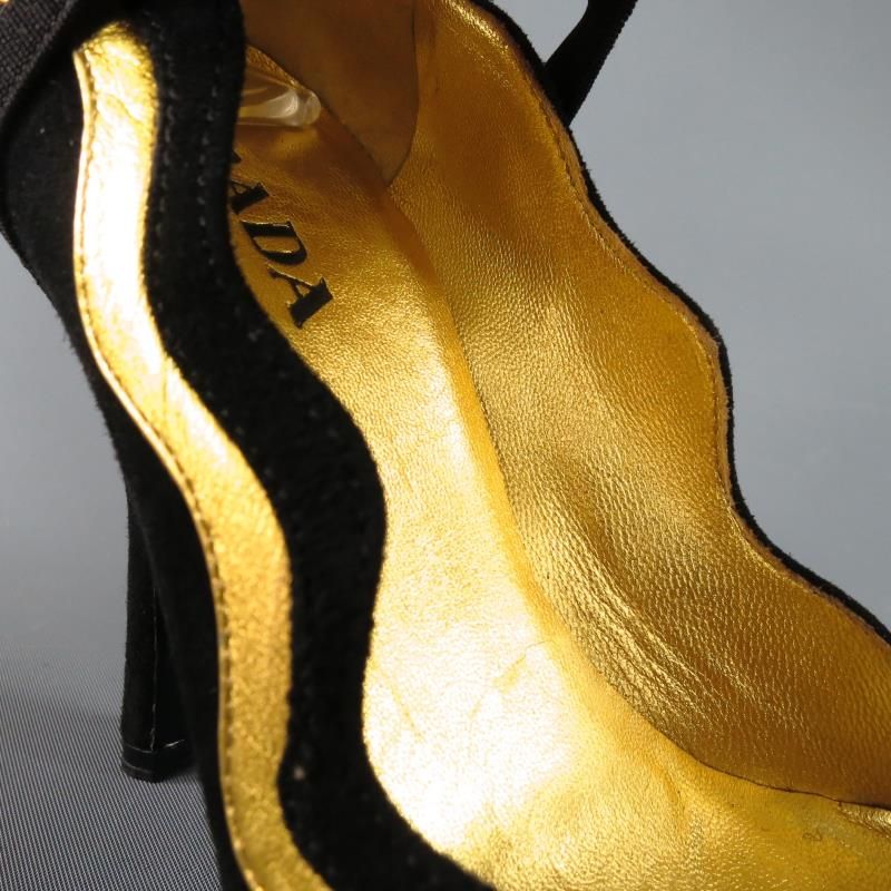 PRADA Spring 2008 Size 6 Black & Gold Suede Ankle Ruffle Cuff Metallic Pumps
