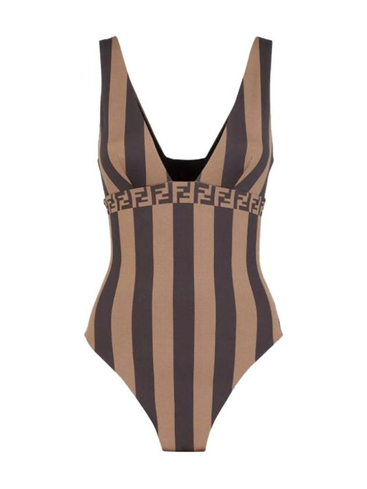Fendi Striped V neck one piece swimsuit brown