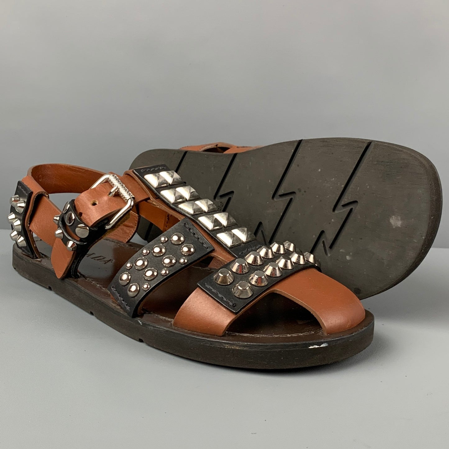 PRADA SS 18 Size 11 Black Brown Studded Leather Straps Sandals
