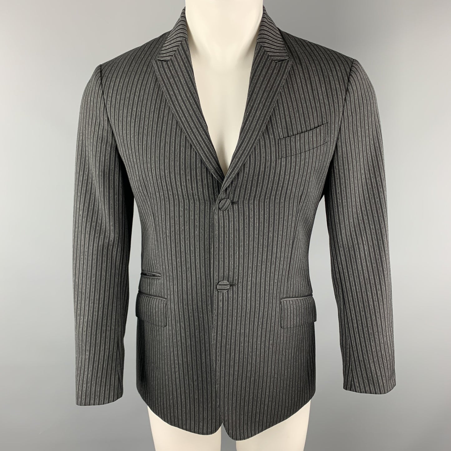 PRADA Size 38 Charcoal & Black Vertical Stripe Wool / Mohair Peak Lapel Sport Coat