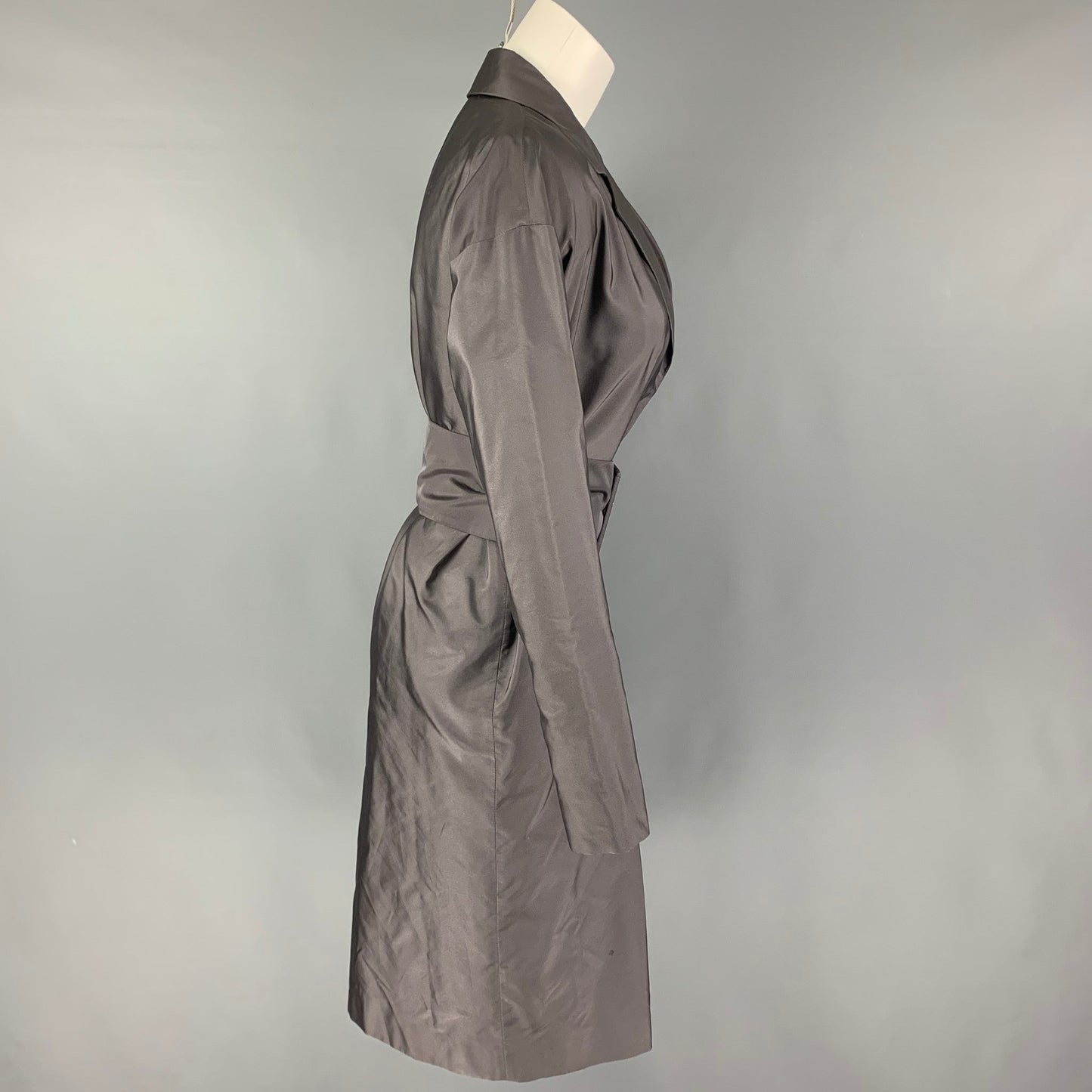 PRADA Size 4 Grey Silk Belted Coat