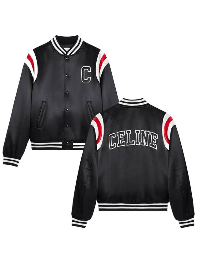 CELINE Men's Logo Patch Satin Bomber Jacket Black