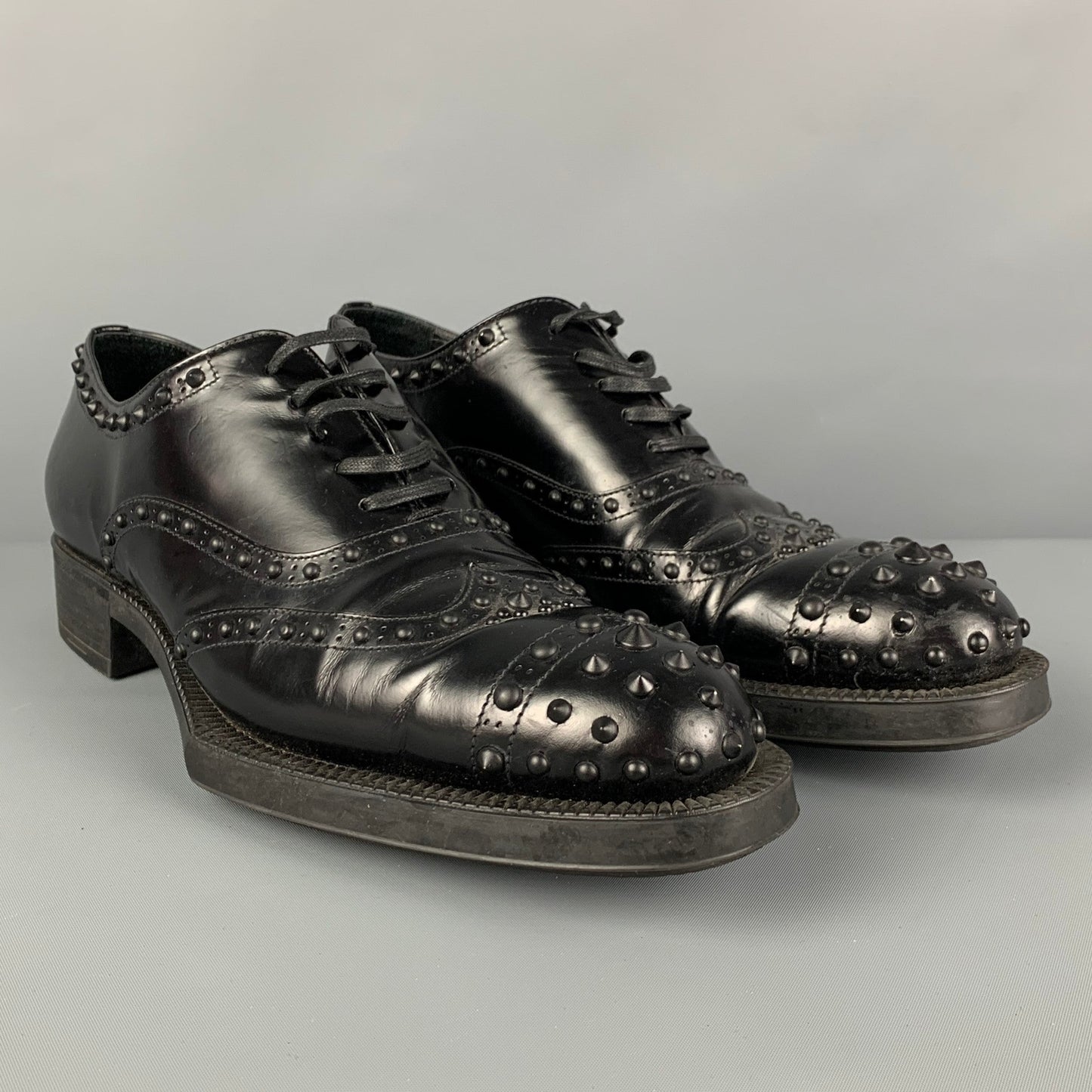 PRADA Size 9 Black Leather Studded Cap Toe Shoes