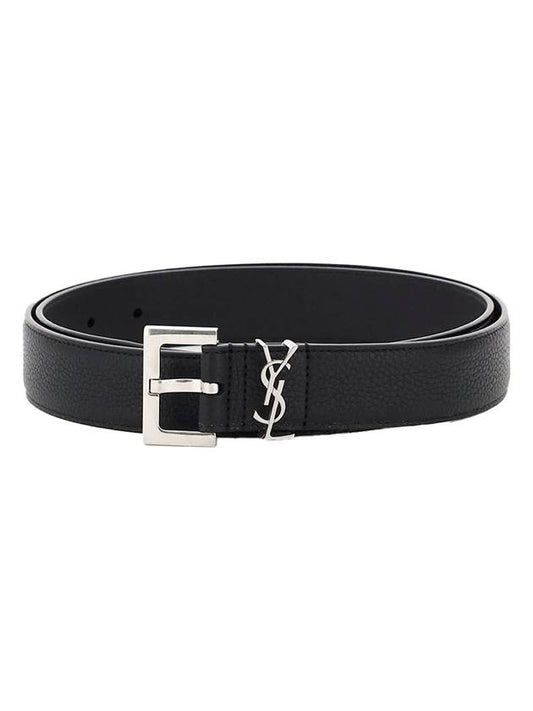 Saint Laurent Grained Leather Silver Monogram Belt Black