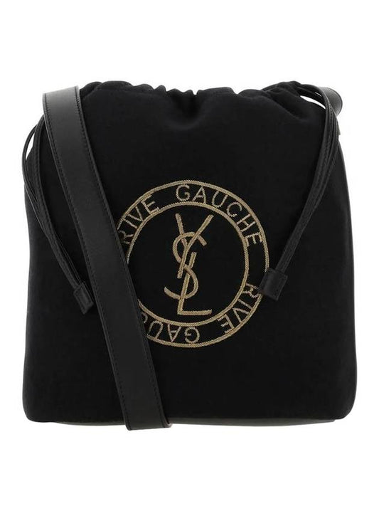 Saint Laurent Embroidered Felt Smooth Leather Rib Gauche Lace Bucket Bag Black