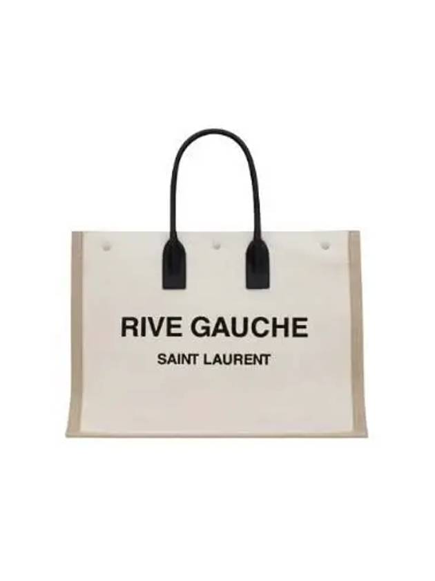 Saint Laurent Rive Gauche Logo Linen Leather Tote Bag White