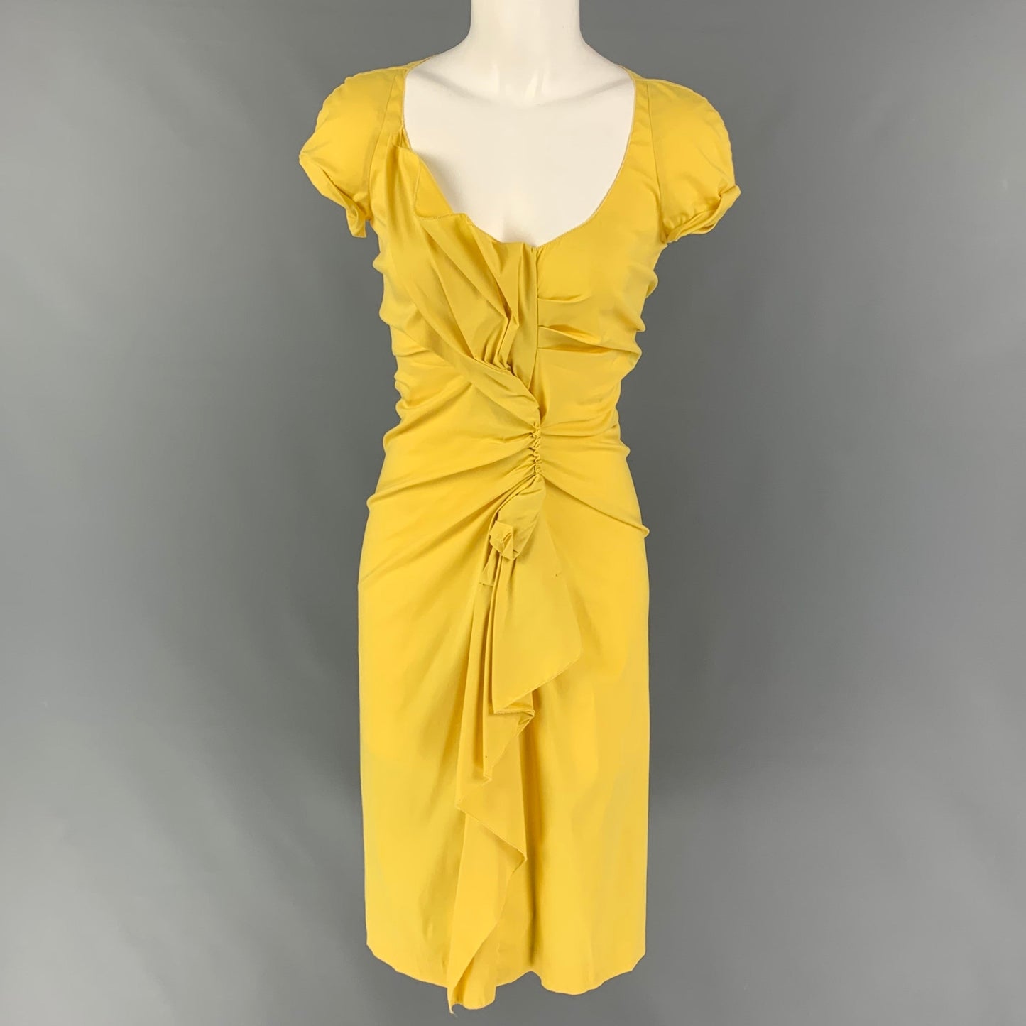 PRADA Size 4 Yellow Cotton Blend Ruched Short Sleeve Dress