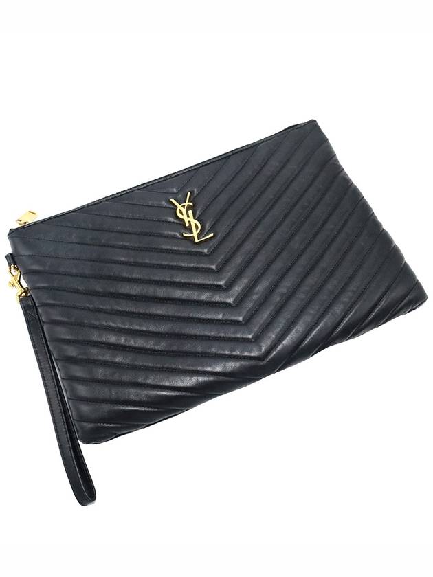 Saint Laurent Saint Laurent 413444 Black Quilted Calfskin Monogram Tablet Pouch Clutch