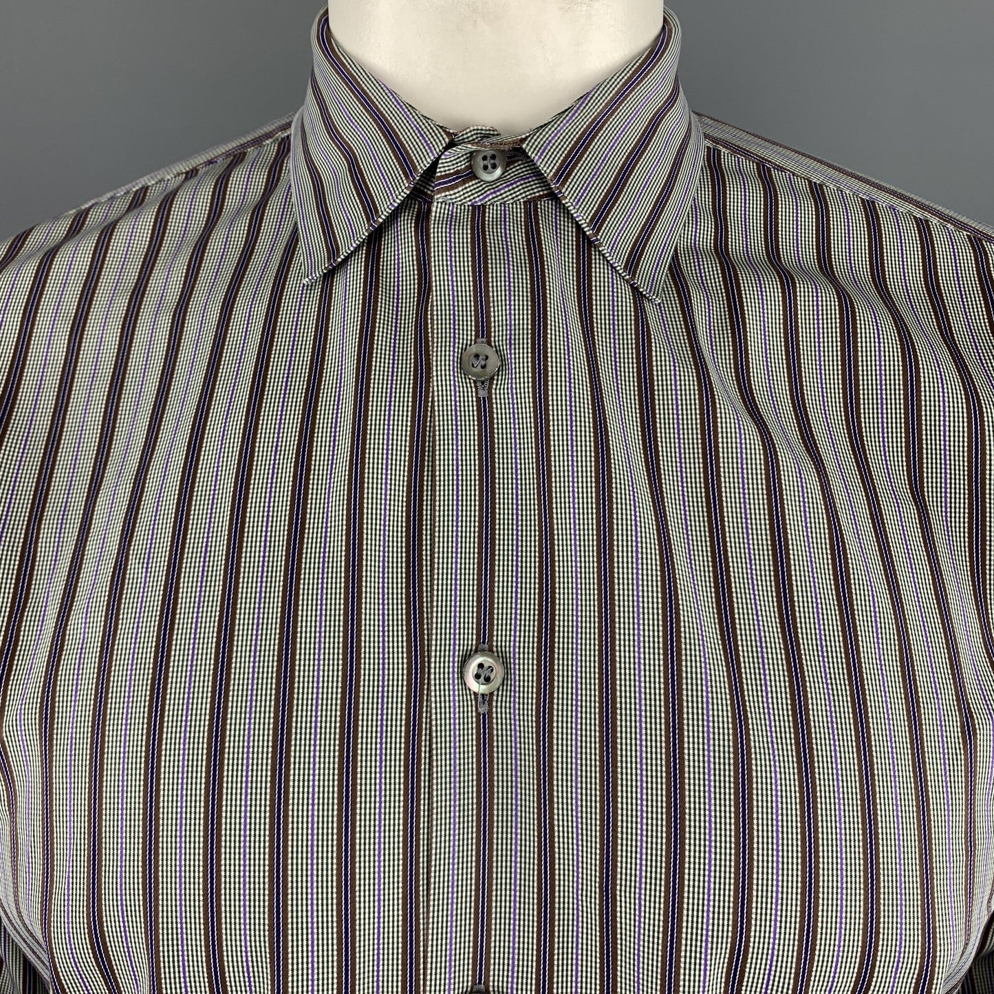 PRADA Size L Gray Brown Green & Purple Stripe Cotton  Long Sleeve Shirt