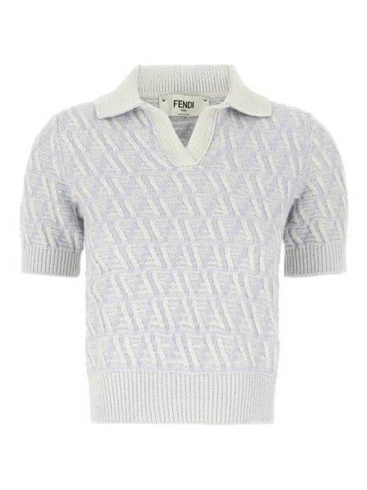 Fendi FF Wool Cashmere Polo Knit Top Light Blue