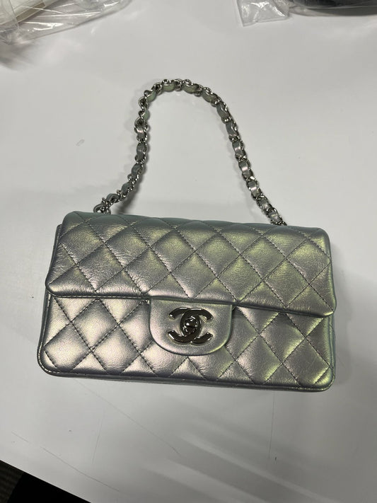 CHANEL - Silver Iridescent Lambskin Mini Rectangular Flap Bag