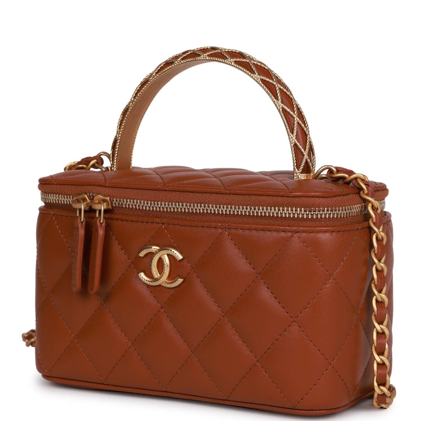 Chanel Small Top Handle Vanity Case Brown Lambskin Brushed Gold Hardware