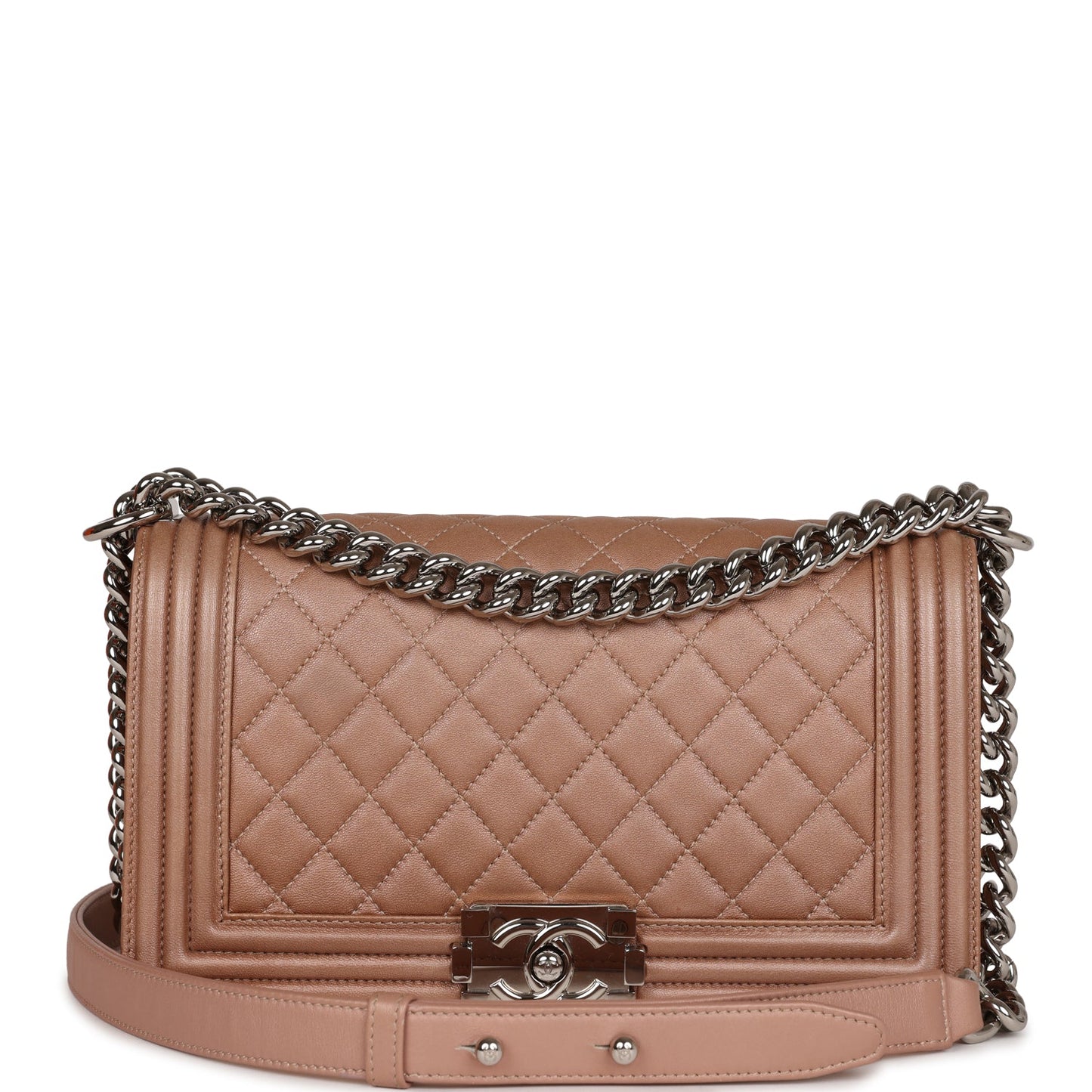 Chanel Medium Boy Bag Metallic Rose Gold Lambskin Silver Hardware