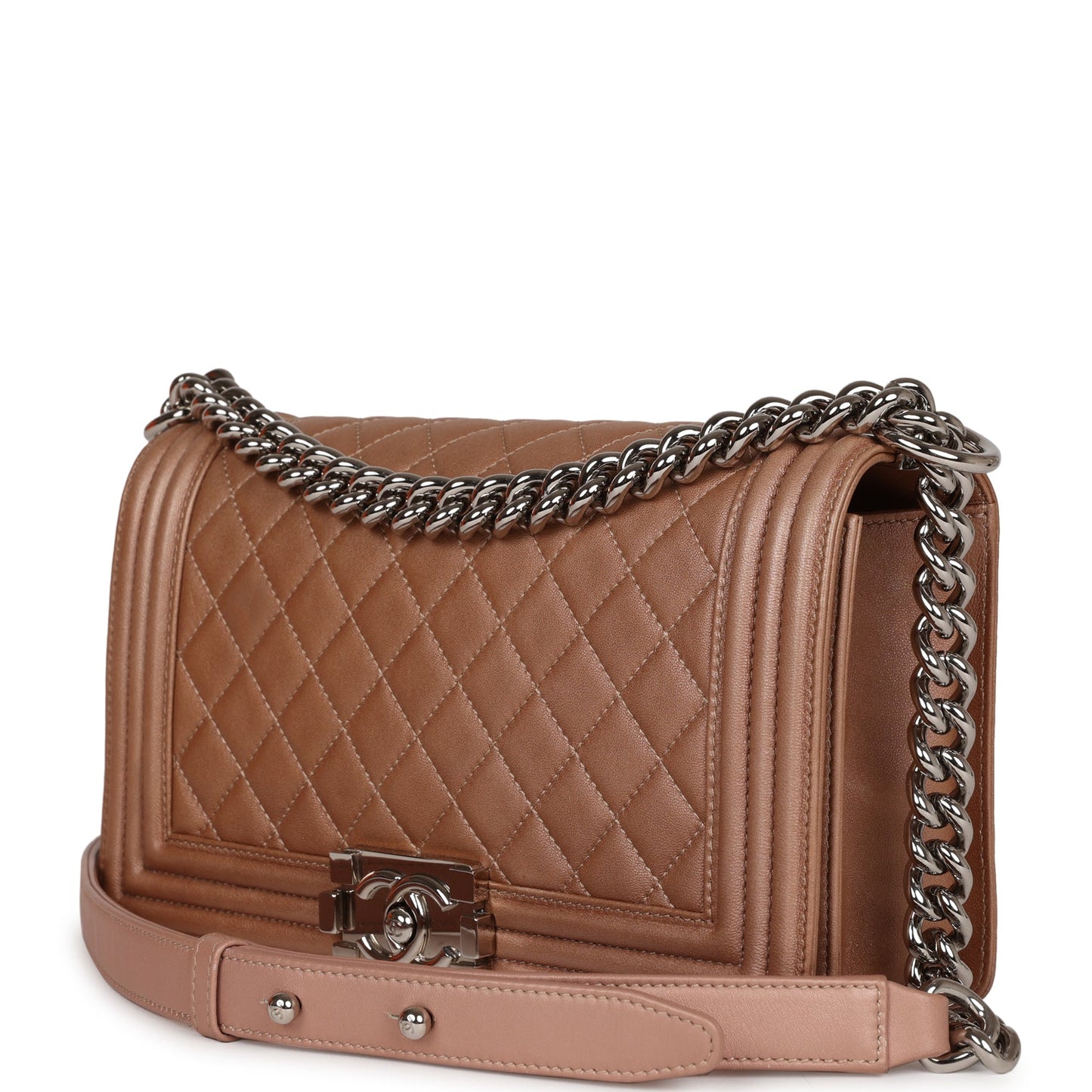 Chanel Medium Boy Bag Metallic Rose Gold Lambskin Silver Hardware