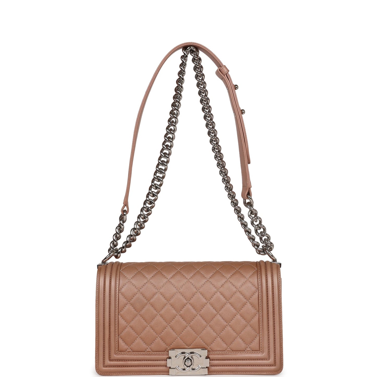 Chanel Medium Boy Bag Metallic Rose Gold Lambskin Silver Hardware