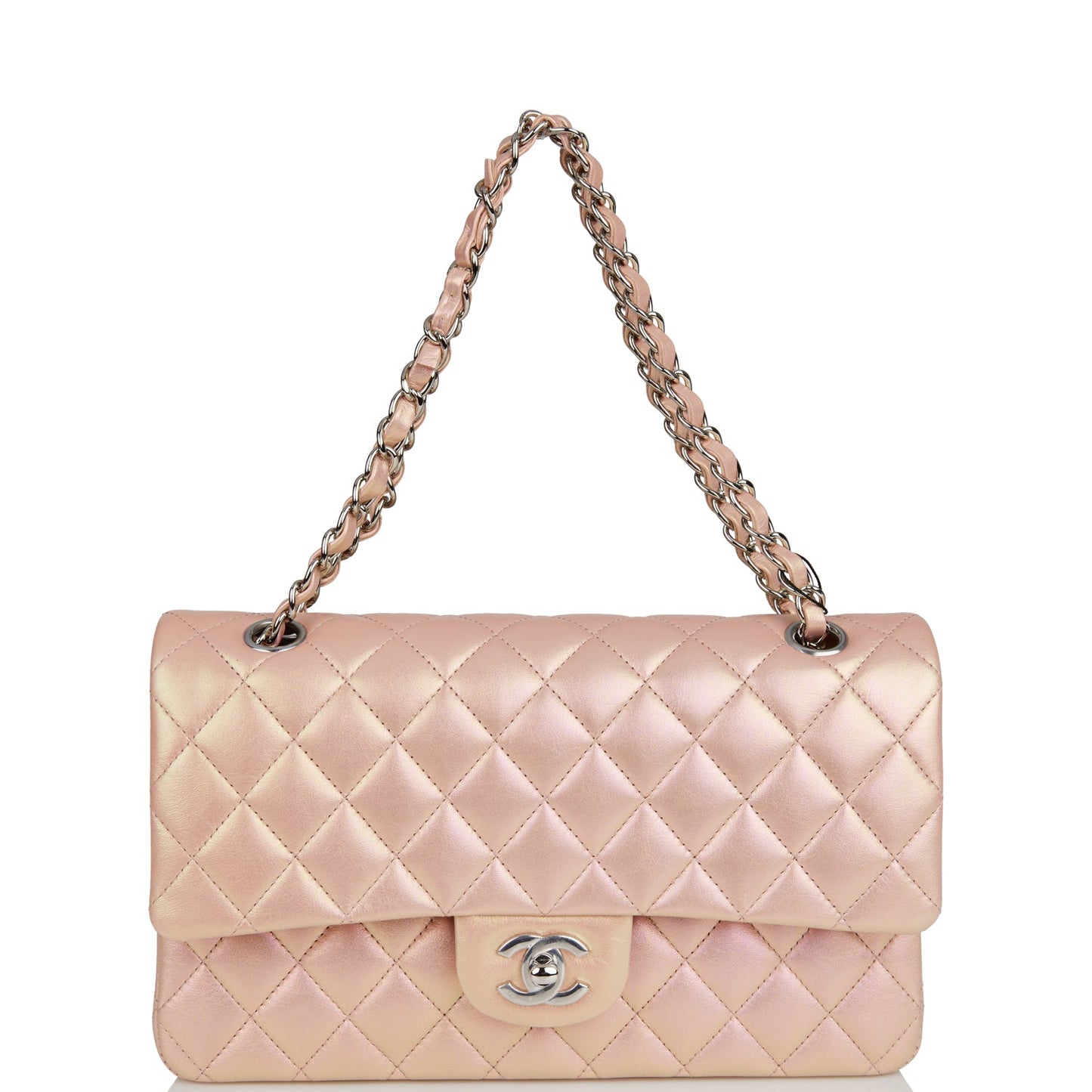 Chanel Medium Classic Double Flap Bag Pink Iridescent Lambskin Silver Hardware