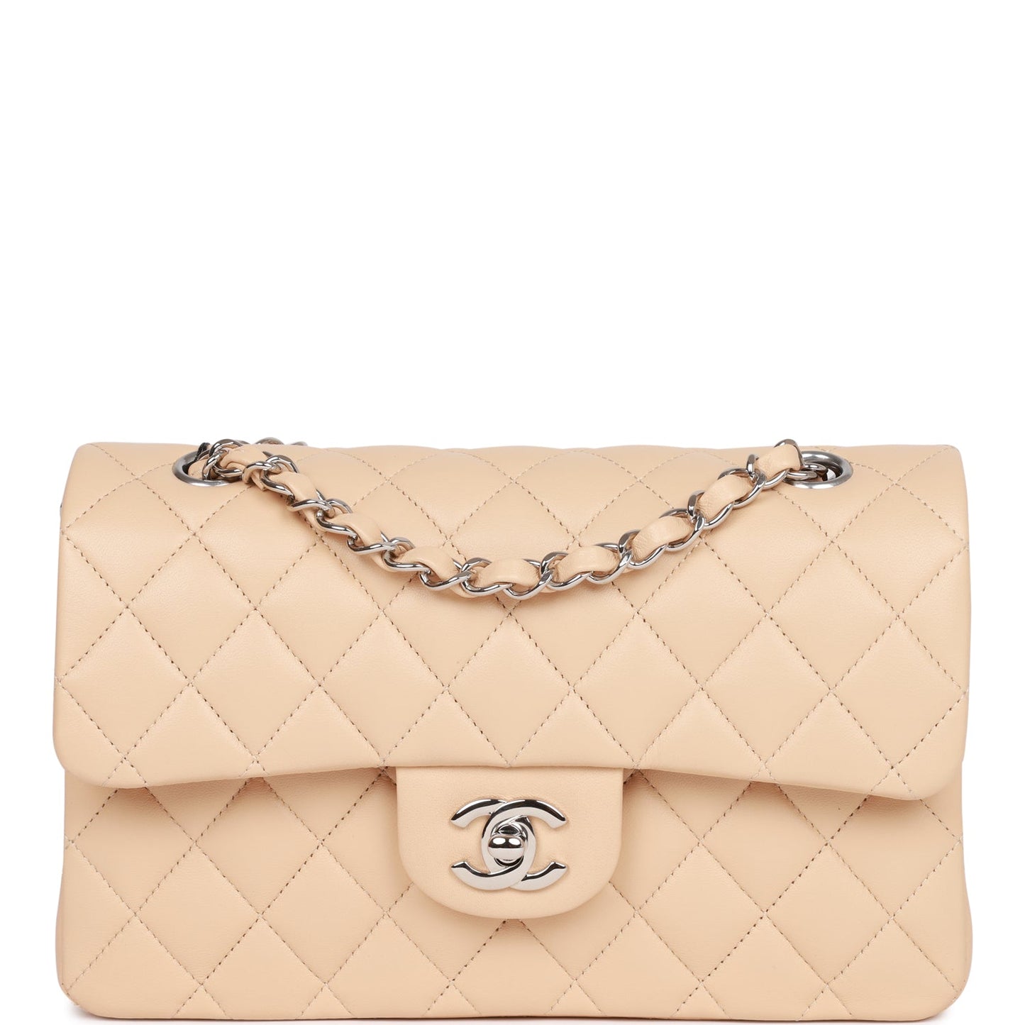 Chanel Small Classic Double Flap Beige Lambskin Silver Hardware