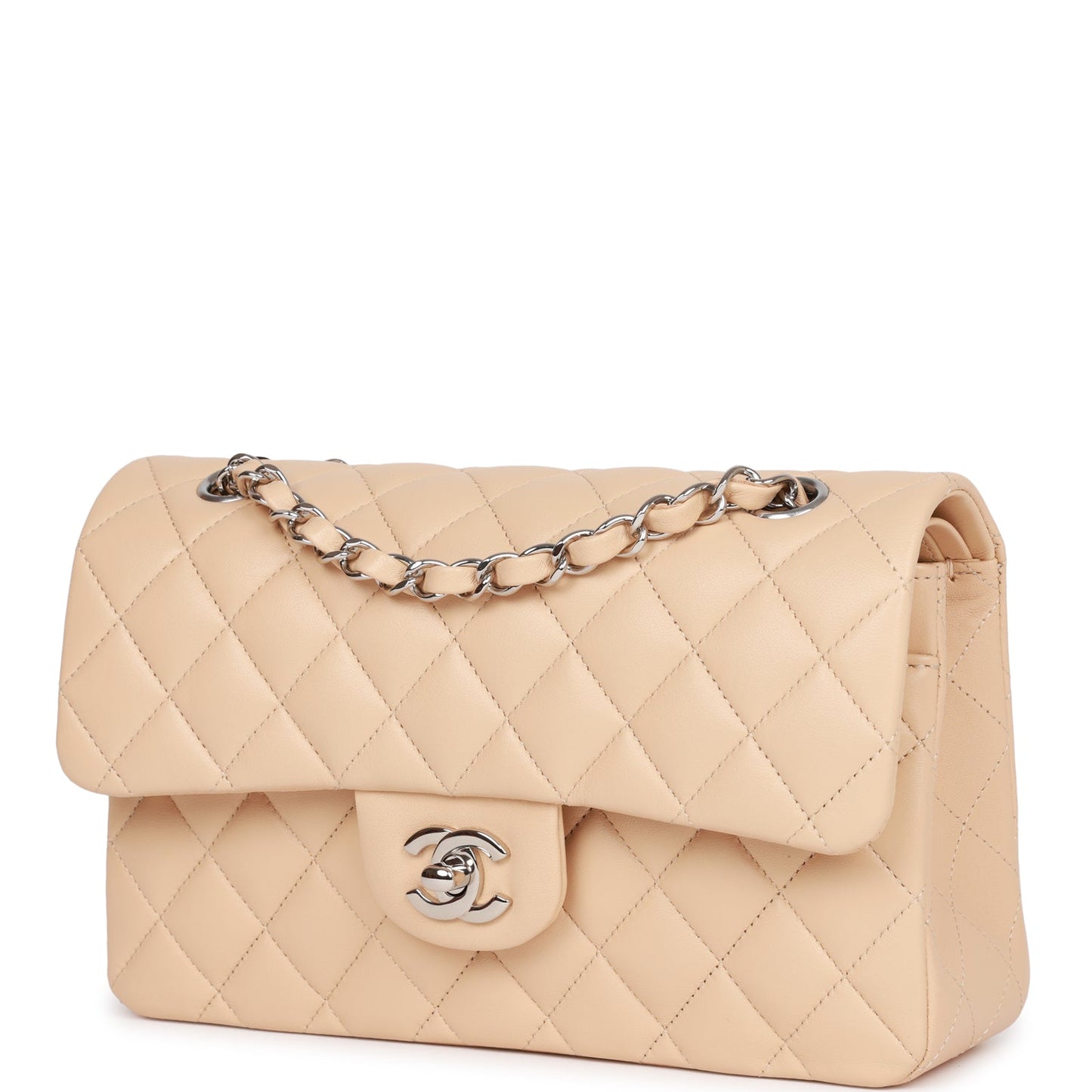 Chanel Small Classic Double Flap Beige Lambskin Silver Hardware