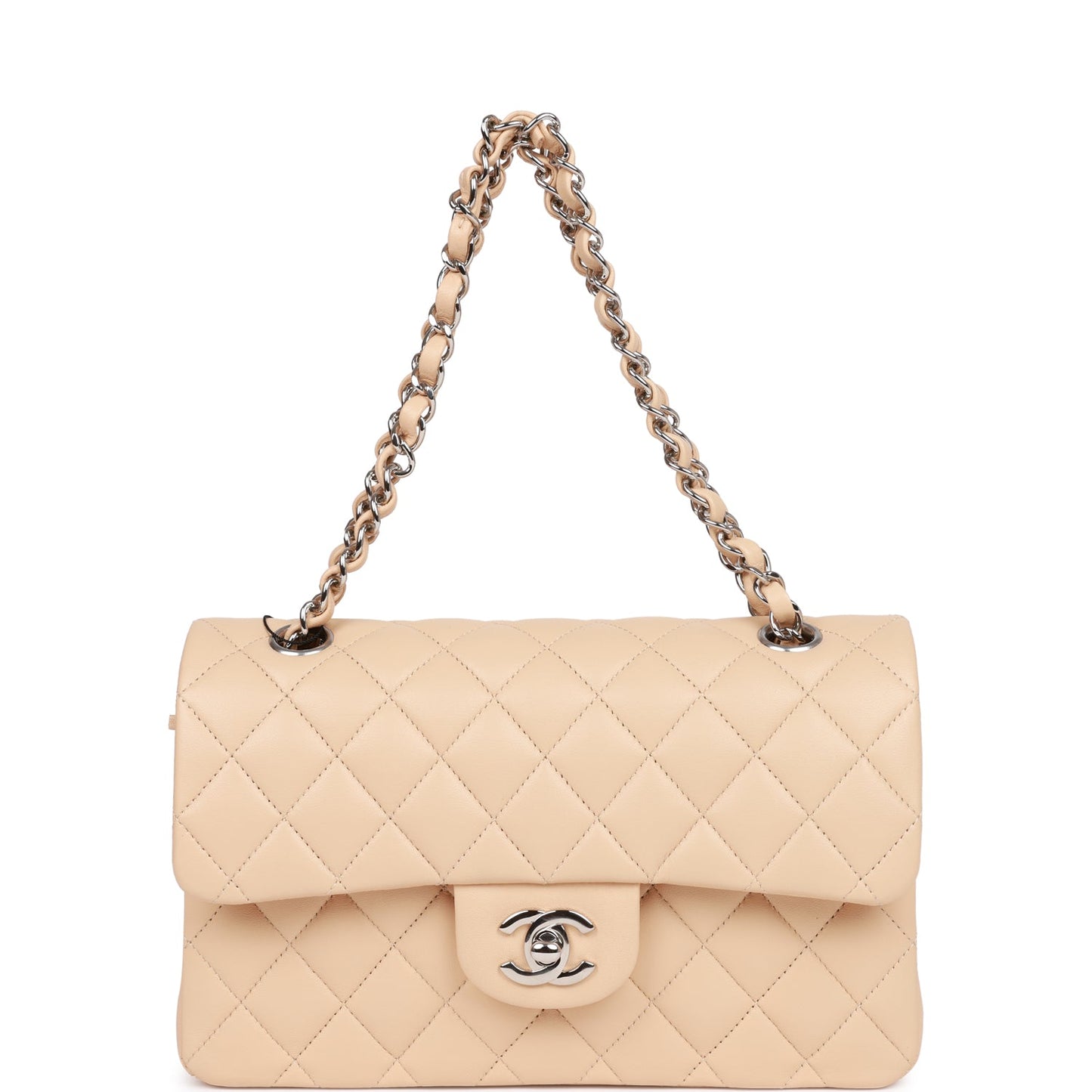 Chanel Small Classic Double Flap Beige Lambskin Silver Hardware