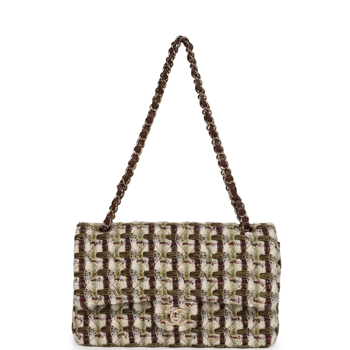 Chanel Medium Classic Double Flap Bag Brown, Green, and White Tweed Light Gold Hardware