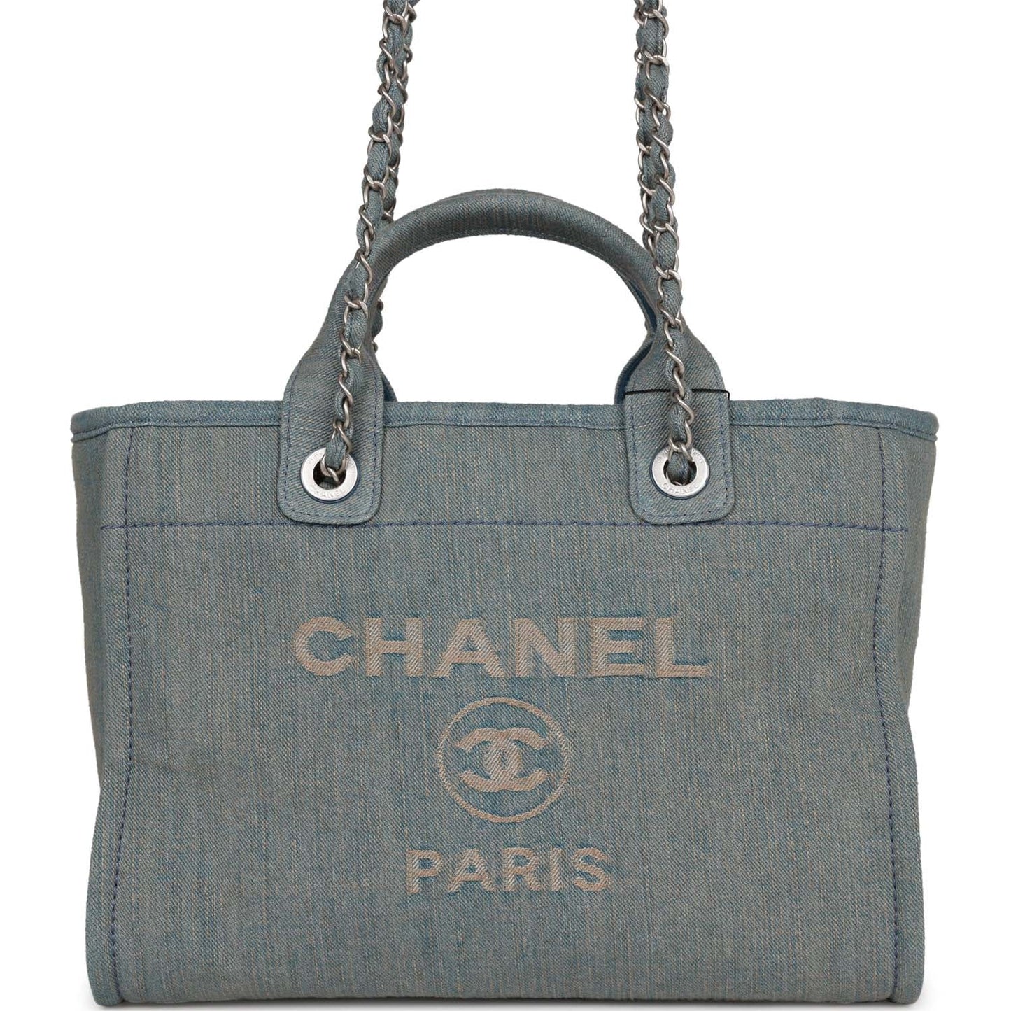 Chanel Small Deauville Shopping Bag Distressed Blue Denim Aged Silver Hardware